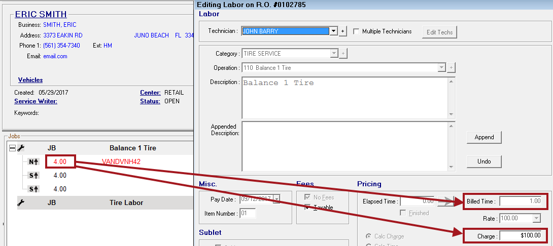 The tire quantity in the jobs section of the open ticket pointing to the billed time and charge on the editing labor window.
