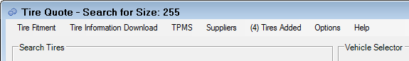 The Menu bar in Tire Quote.