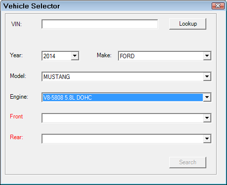 The vehicle selection window with front and rear dropdown lists.