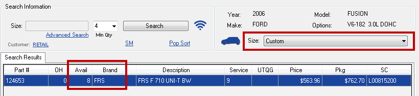 The custom search results on the tire quote window.