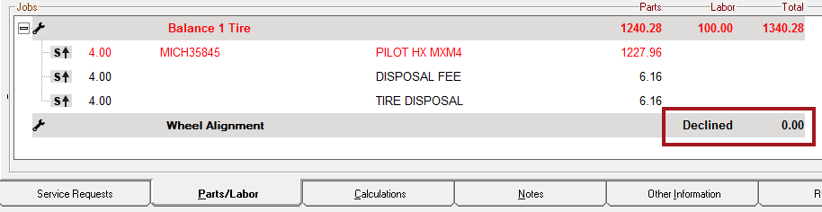 The alignment labor declined in the jobs section of the parts/labor tab.
