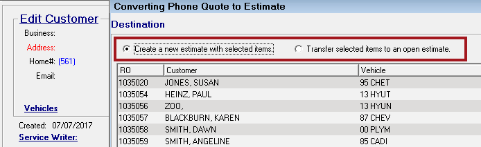 The create new repair order and transfer to existing options circled.