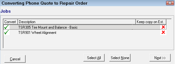 The Convert Phone Quote to Repair Order window with the labor operations selected to convert.