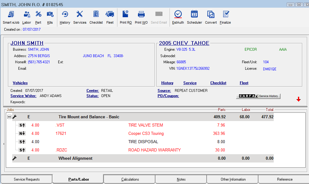 The parts/labor tab of the new repair order created from the conversion.
