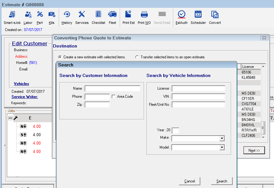 The search for customer or vehicle window over the conversion window.