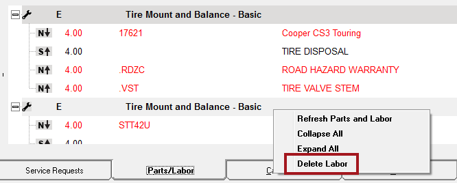 The tire comparison quote with Delete Labor circled on the right-click menu.
