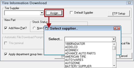 The Apply button pointing to the Select Supplier window with it's dropdown list expanded.