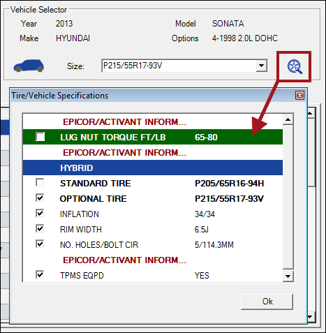 The Epicor vehicle specifications opened from the icon.