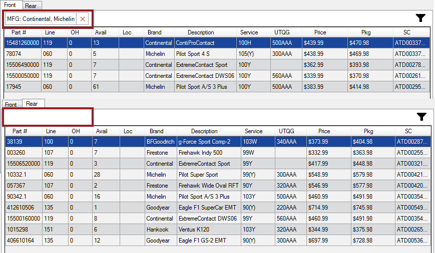 A filter displaying above the search results on the Front tab and that same filter not displaying on rear tab.
