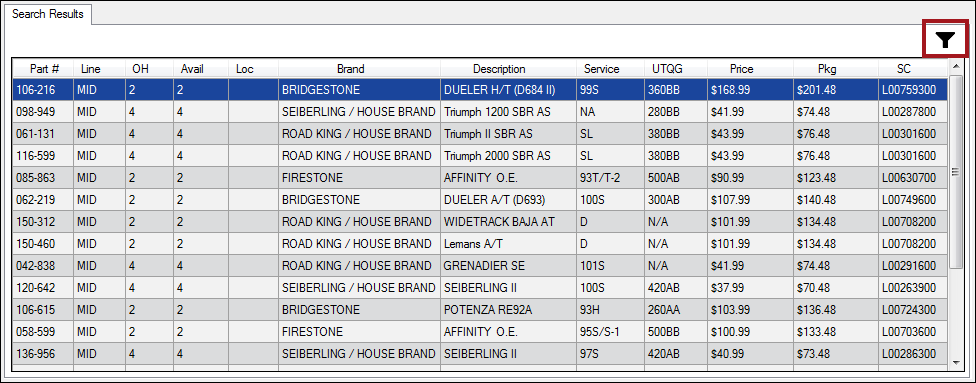The filter button above the search results. 