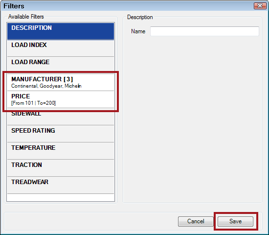 The Manufacturer entry in the available filters list showing that filter values have been selected.