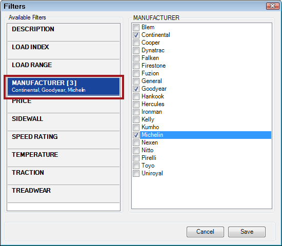 The Manufacturer entry showing three values selected and separated by commas.
