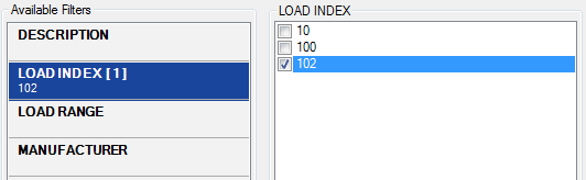 The Load Index filter with one value selected.