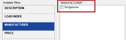 The Filters window with the Manufacturer filter selected and showing only one manufacturer.