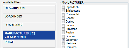 The Manufacturer filter with two values selected.