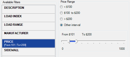 The Price filter with Other interval selected.
