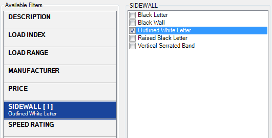 The Sidewall filter with one value selected.