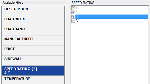The Speed Rating filter with two values selected.