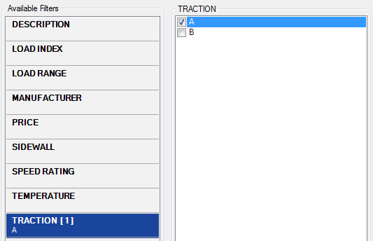 The Traction filter with one value selected.