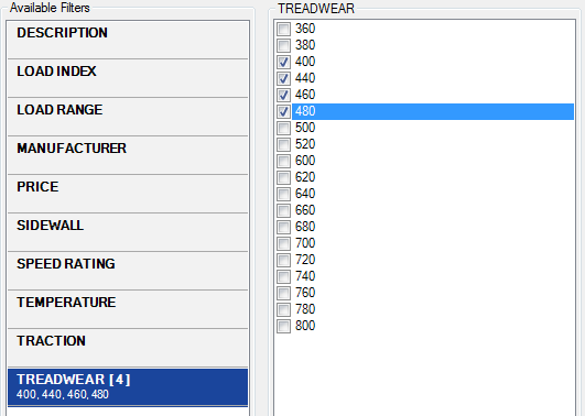 The Treadwear filter with several values selected.