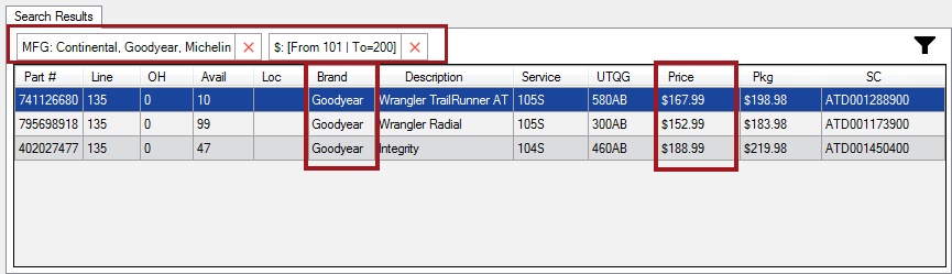 Tire search resulsts with the selected filters appearing above the list and the columns of the selected filters circled.