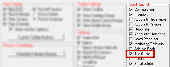 Tire Quote checked in the Quick Launch section.