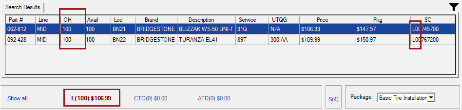 The Tire Quote window showing local search results first.