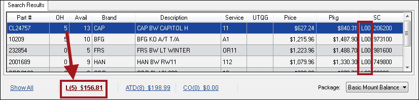 The indicators of a local tire in the search results and the local link circled.