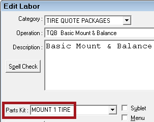 A parts kit selected for the labor operation.