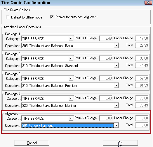 The Tire Quote window with the prompt for autopost alignment option selected and the labor operation selected in the alignment section.