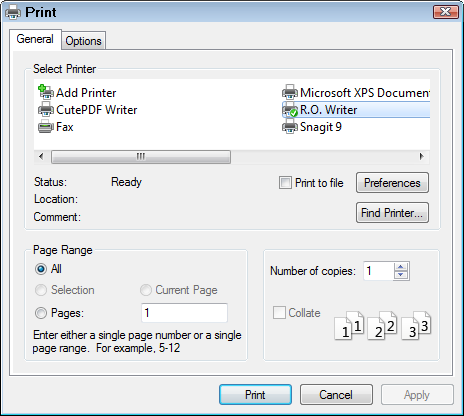 The window print preferences window.
