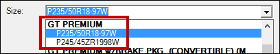 The vehicle selection window with the size dropdown list expanded.