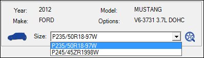 The Size dropdown list expanded in the vehicle section.