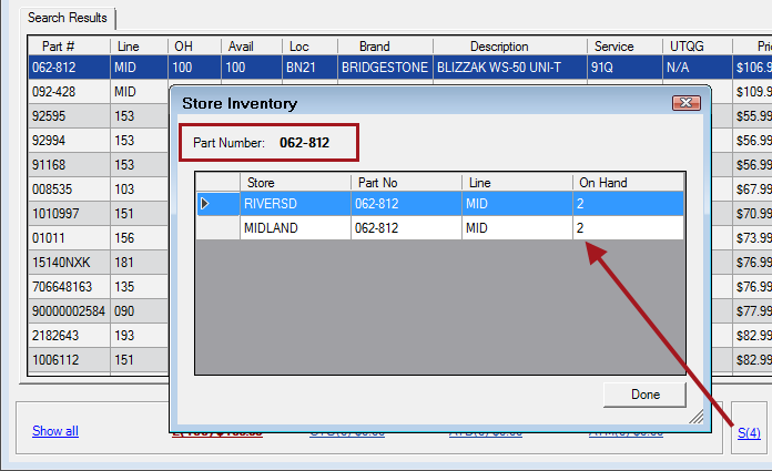 Search results on the Store Inventory window showing all the stores that have the tire.
