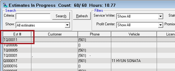 The tire comparison quote number circled on the Estimates in Progress window.
