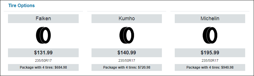 the three tires appearing from lowest price to highest. 