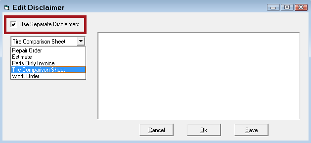 Tire comparison disclaimer in the Use Separate Disclaimer dropdown list. 