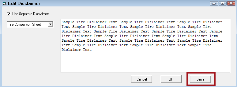 Disclaimer text entered and the save button circled.