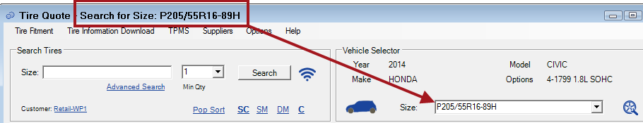 The title bar showing the tire size selected in the vehicle section.