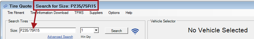 The size being searched in the Size field in the title bar.