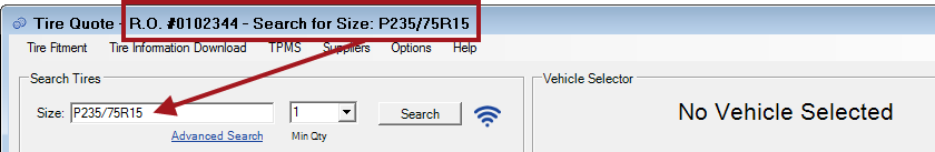The title bar showing the size being searched in the Size field.