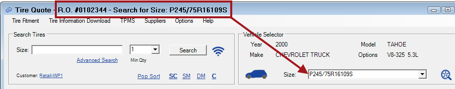 The title bar showing the size being searched in the vehicle section.
