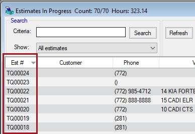 The tire comparison quote numbers circled on the Estimates in Progress window.