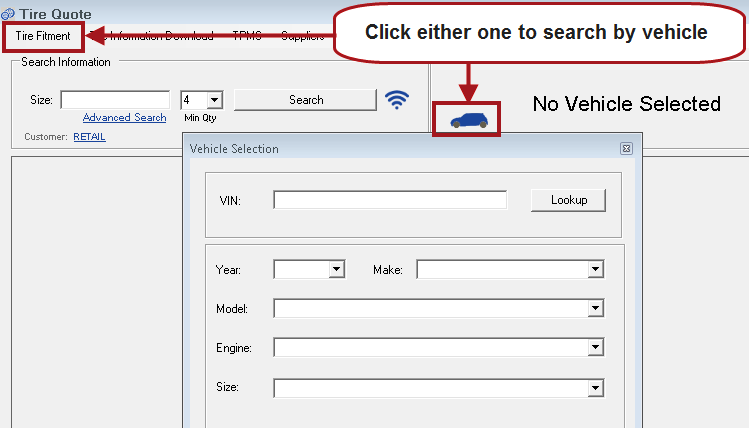 A blank vehicle selection window opened from the vehicle icon or the Tire Fitment menu.