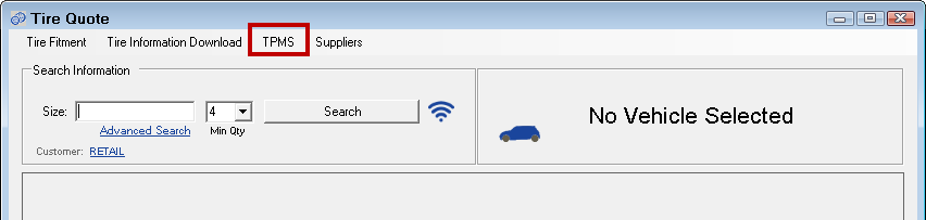 The TPMS menu on the Tire Quote window.