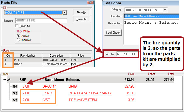 The parts kit with quantity of 1 showing as a quantity of 2 when posted from tire quote.