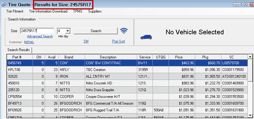 Search results in online mode showing the tire size searched in the title bar.