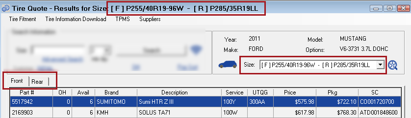 Search results for the front tire.