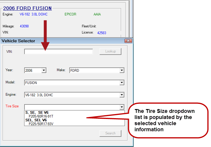 The Vehicle Selection window with the Size dropdown list expanded for the vehicle.