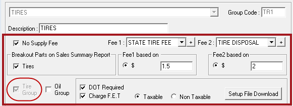 Fee information for the tire group on the Department Groups window.